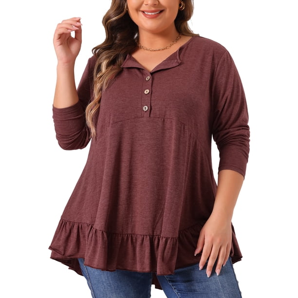 Agnes Orinda Blusas de Talla Grande para Mujer, Túnicas de Escuela o Universidad, Cuello Henley con Botones, Cuello en V, Mangas Largas, Dobladillo con Volantes, Corte Amplio y Fluido, 2X Burdeos