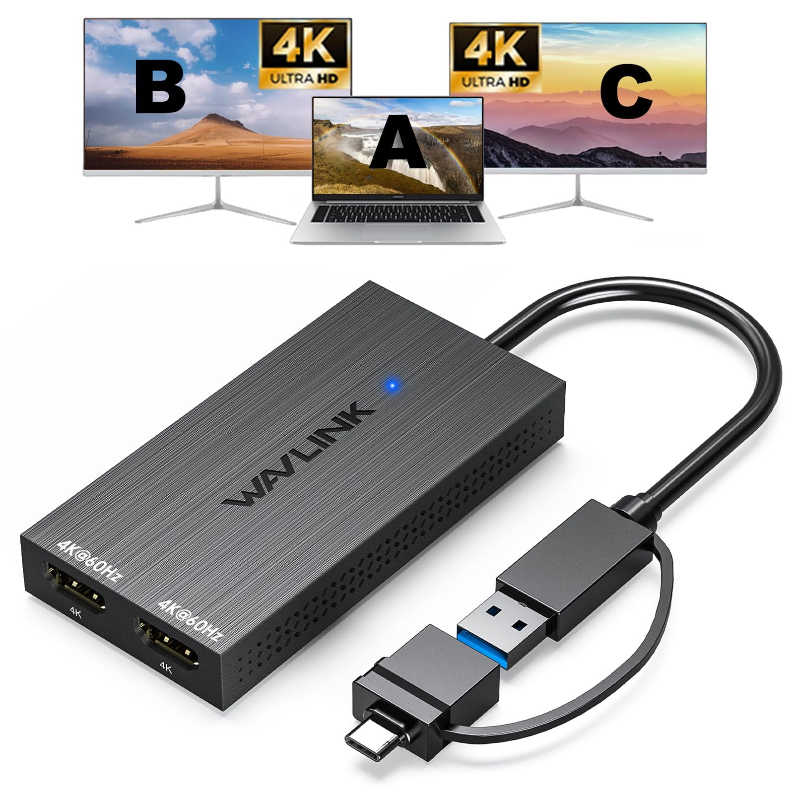 Adaptador Usb 3.0 Y Usb C A Hdmi Dual 4k @60hz Wavlink