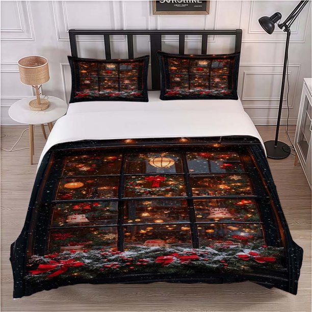 3pcs Christmas Window Decoration Themed Bedding Set Duvet Cover and Pillowcase Set Soft and Comfortable for All Seasons