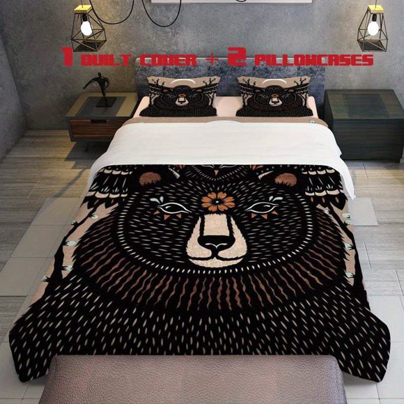 3pcs Owl Black Bear Art Design Themed Bedding Set Duvet Cover and Pillowcases