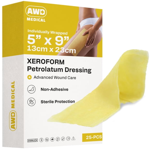 Aderezo de gasa AWD Medical Xeroform, vaselina, 5 x 9 cm (caja de 25)