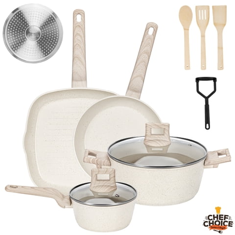 Chefchoice - Bateria Cocina Aluminio Bifera Antiadherente Granito 10 Piezas Crema