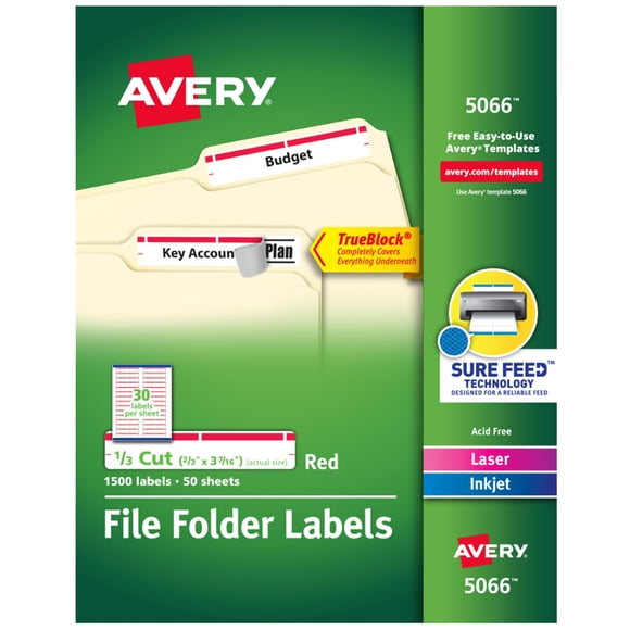 Etiquetas para carpetas de archivos AVERY TrueBlock, 2/3 x 3,44 pulgadas 1500, blanco/rojo