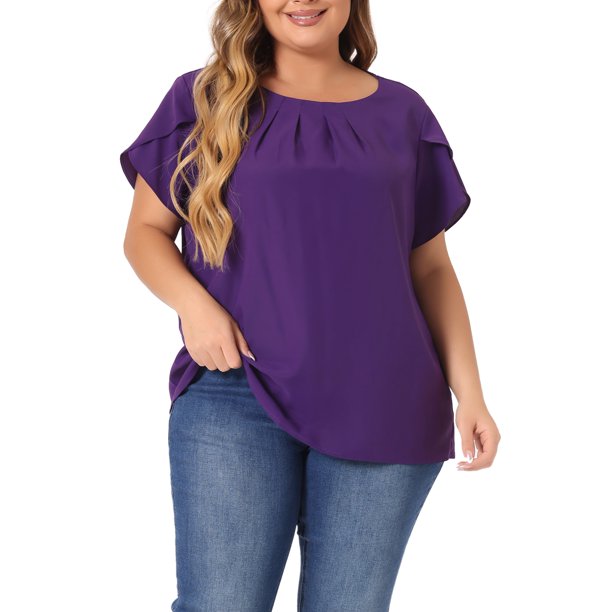 Agnes Orinda Blusas de Verano para Mujer Tallas Grandes de Trabajo con Mangas Cortas Plisadas Cuello Redondo Mangas de Tulipán 1X Púrpura