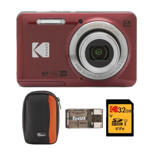 Paquete de cámara digital Kodak PIXPRO Friendly Zoom FZ55 (roja) con funda, tarjeta de memoria SDHC UHS-I U1 de clase 10 de 32 GB y lector de tarjetas USB 2.0 (4 unidades)