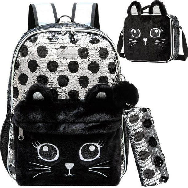 3PCS Backpack for Girls 16" 3pcs School Backpacks with Lunch Box for Elementary Students Travel Sequin Backpack for Girls