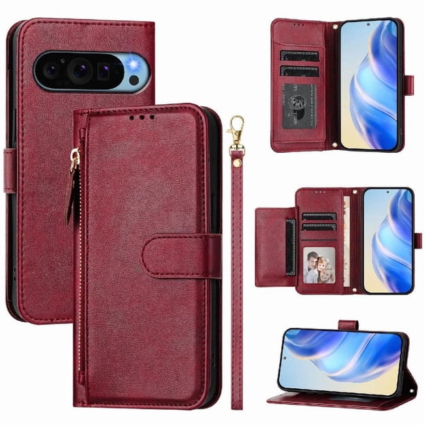 Funda tipo cartera para GOOGLE Pixel 9 PRO 5G con bolsillo con cremallera, tarjetero, soporte, correa para la muñeca y tapa de cuero Rojo