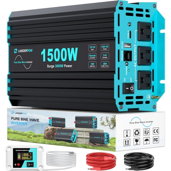 Inversor LANDERPOW de onda sinusoidal pura de 1500 W con 3 tomacorrientes de CA