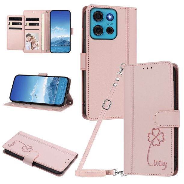 Funda Cartera Trébol para Motorola Moto G75 5G con Ranuras Tarjetas y Carga Inalámbrica Rosa
