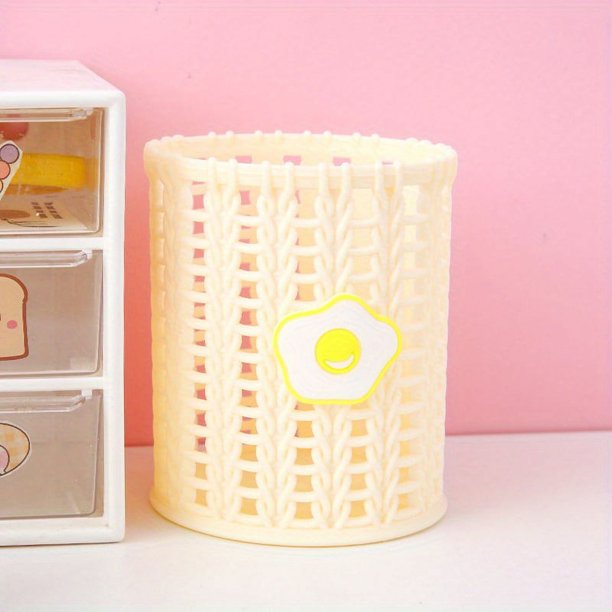 Cute Cartoon Rattan Pen Holder - Perfect Desktop Organization for Students and Makeup Brush Storage