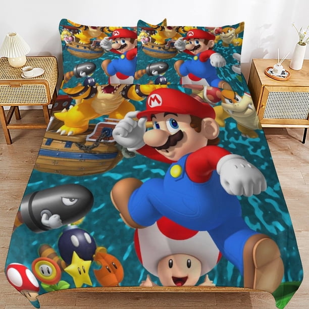 Super Mario 3-Piece Comforter Set for Bedroom Super Mario Bedding Set for Kids Adults Soft Microfiber Duvet Cover Set with Zipper Closure