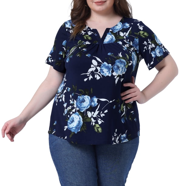 Blusa de mujer talla grande Agnes Orinda con cuello en V, estampado floral, manga corta, top casual, blusas, talla 2X, azul marino