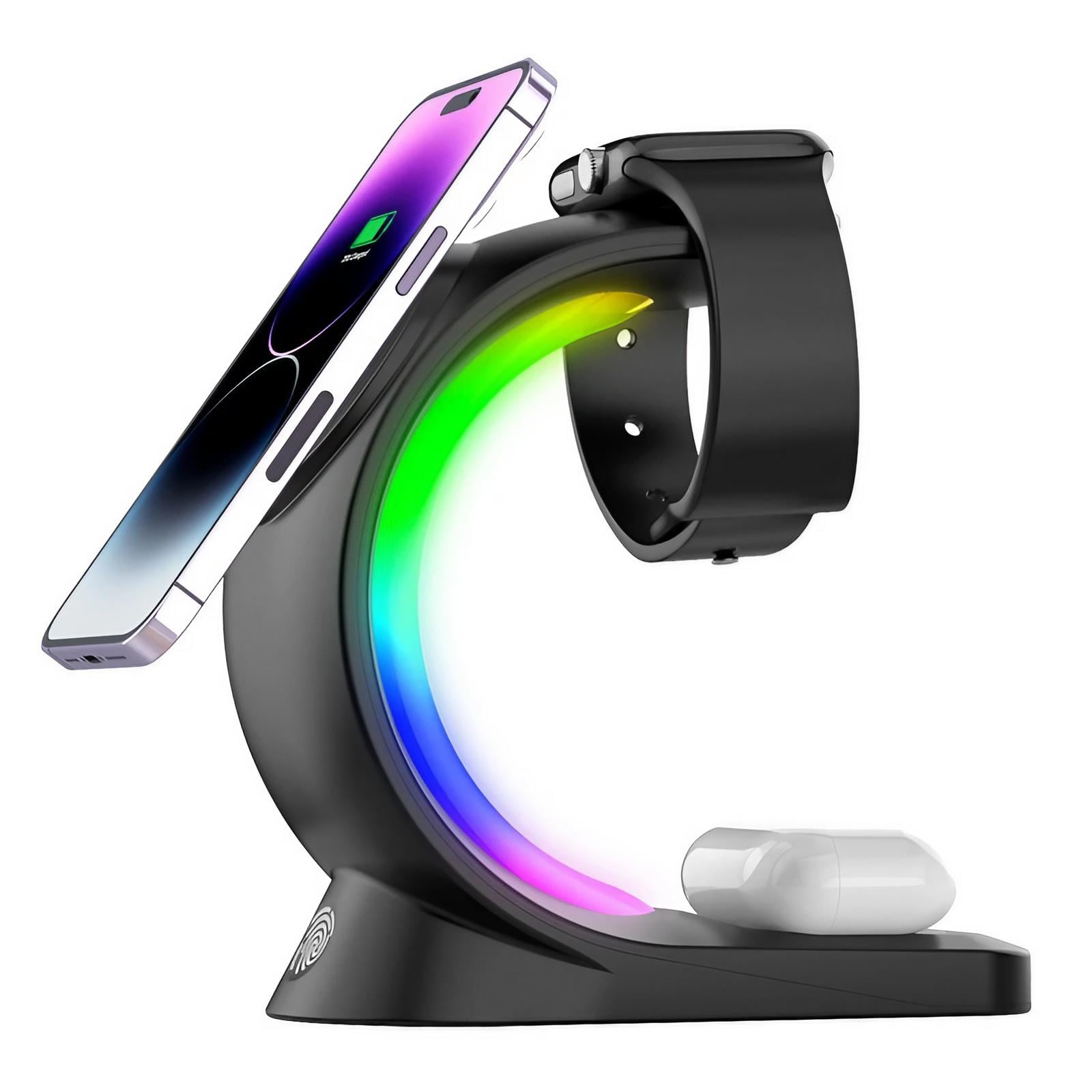 Genérico - Estación De Carga Inalámbrica, 6-color Rgb Light 15w Fast Magnetic Wireless Charger Stand For Apple Multiple Devices-negro