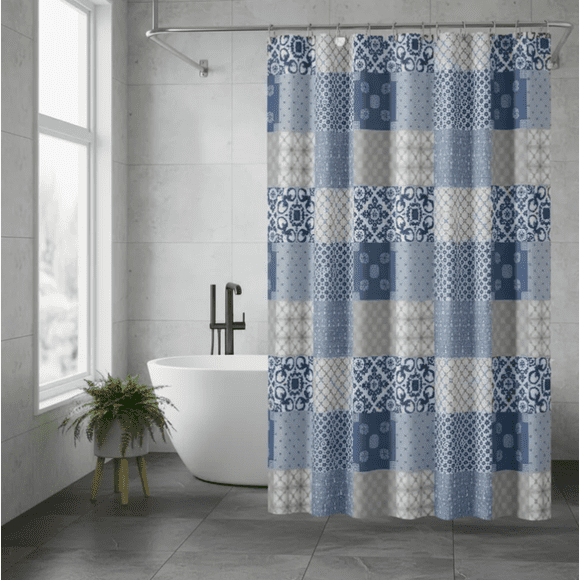 Cortina De Baño Peva 180x180cm Diseño Patchwork Con Ganchos