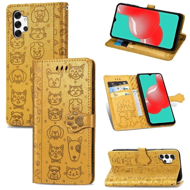 Funda Cartera FOXDOCK para Samsung Galaxy A32 4G , Flip PU con Relieve de Gatos y Perros, Tarjetero y Soporte