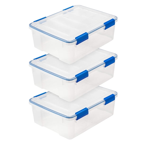 Contenedores de almacenamiento Iris USA WeatherPro de 27 litros con tapas, paquete de 3, transparentes/azules