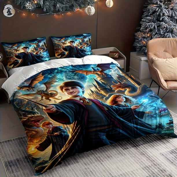 Wizard and Dragon Legendary Adventure from Magic Academy Print Innovative Cartoon Duvet Cover for Single/Double Bed 1 Duvet Cover + 1/2 Pillowcases Soft Light B