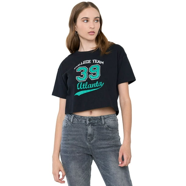Polera Mujer Fun Manga Corta Crop Negro Corona