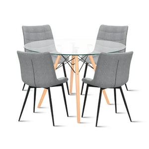 Klik Muebles - Mesa De Comedor Eames 80Cm Redonda Vidrio + 4 Silla Macron Terciopelo - Gris