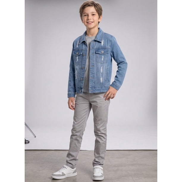 Chaqueta Mezclilla Niño Jean Desgastada Rotos Moda Urbana