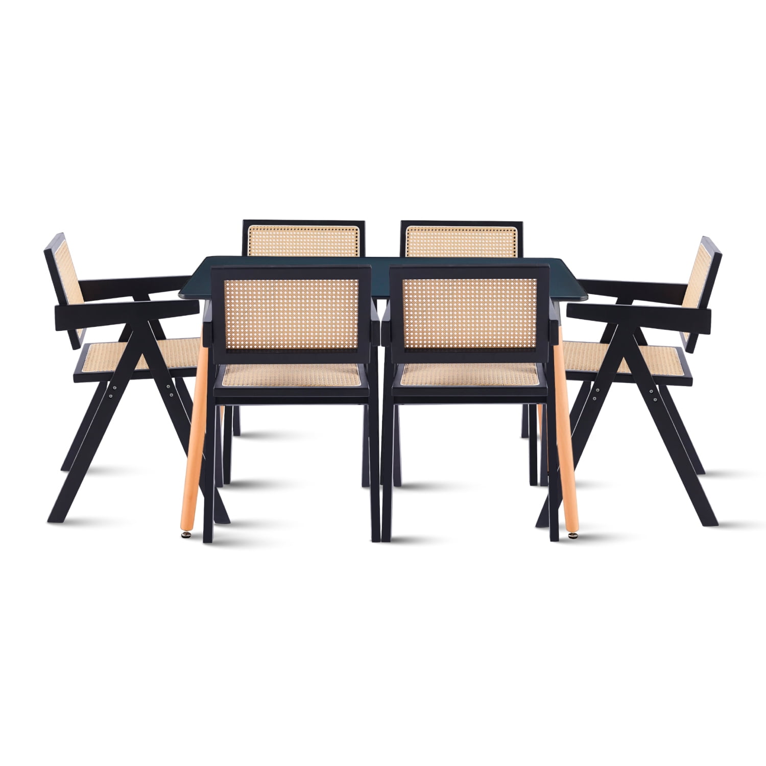 Klik Muebles - Comedor Mesa De 120x80 Rectangular Negra + 6 Silla Sitial Butaca Chandigarh Madera Rattan Negra