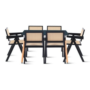 Klik Muebles - Comedor Mesa De 120X80 Rectangular Negra + 6 Silla Sitial Butaca Chandigarh Madera Rattan Negra