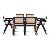 Klik Muebles - Comedor Mesa De 120X80 Rectangular Negra + 6 Silla Sitial Butaca Chandigarh Madera Rattan Negra