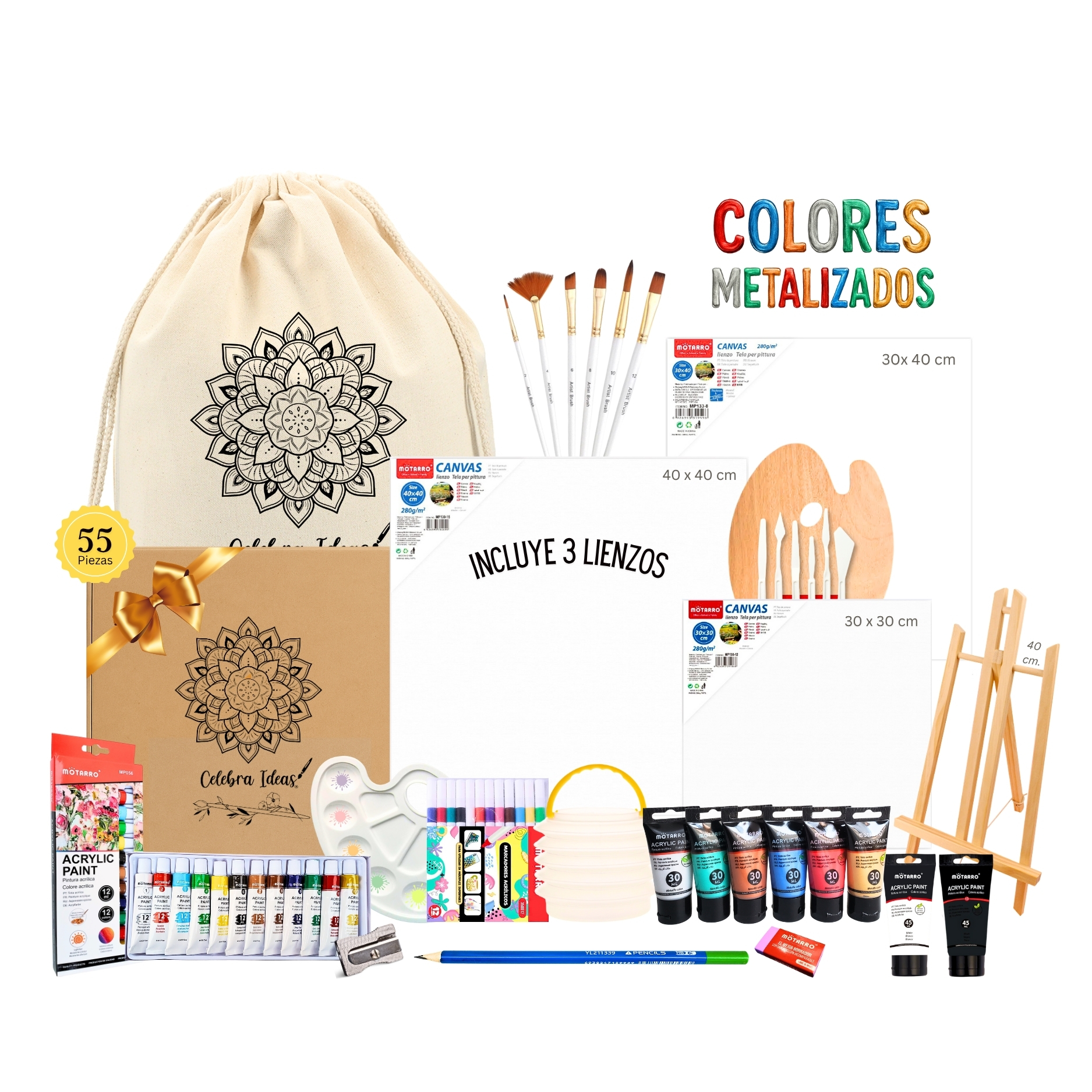 Celebra Ideas - Set Kit De Arte Pinturas Acrílicas Metalizados Con Bastidores Y Marcadores