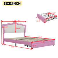 M&Ms - Full Size Upholstered Bed Frame With Led Lights, Modern Upholstered Princess Bed With Crown Headboard, 2 Drawers, Pink+White