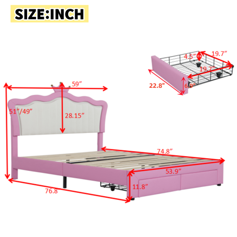 M&Ms - Full Size Upholstered Bed Frame With Led Lights, Modern Upholstered Princess Bed With Crown Headboard, 2 Drawers, Pink+White
