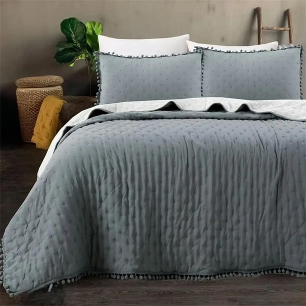 Cubrecama Y Fundas Con Pompon Dos Plazas Dormitorio gris 2 plazas