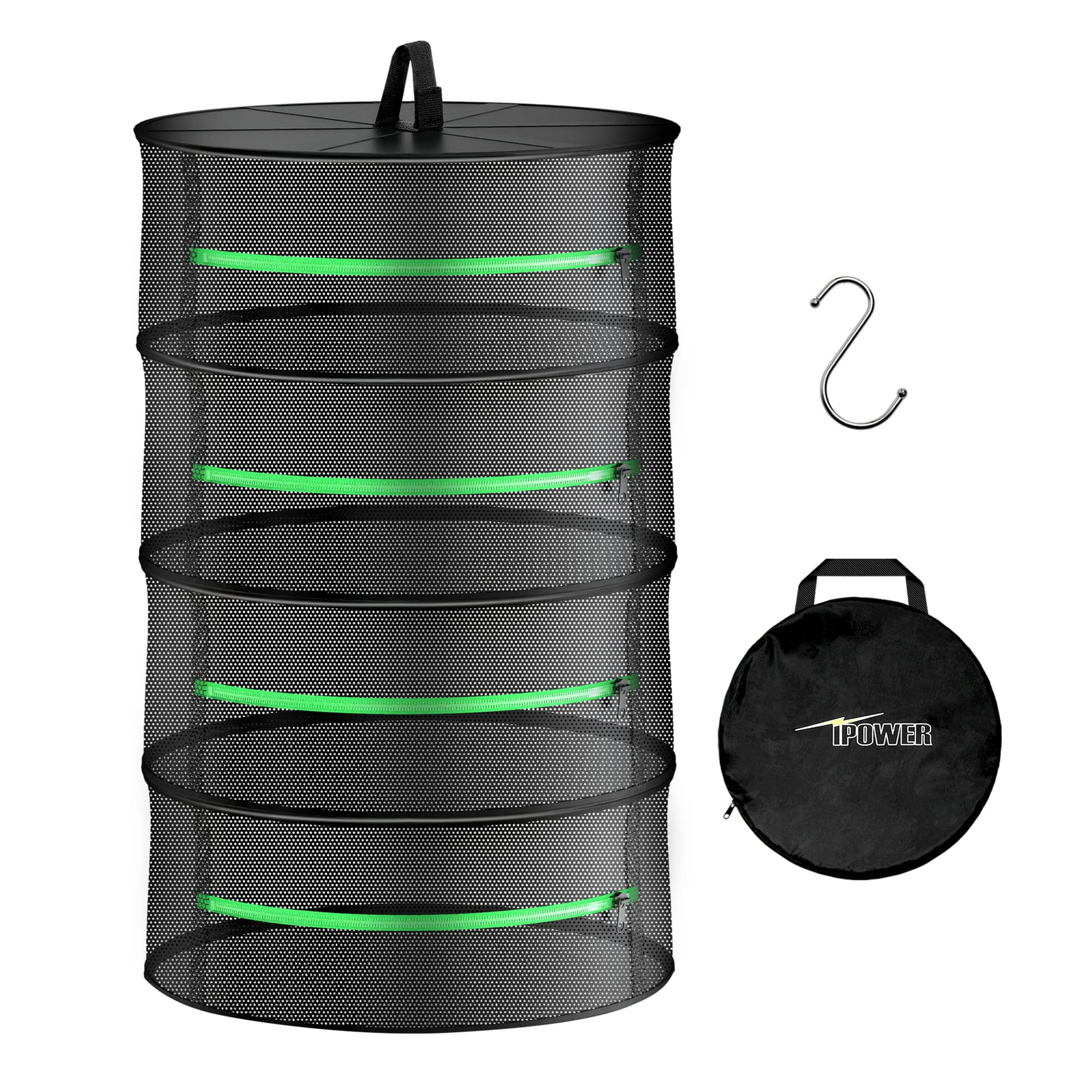 Ipower - Rejilla De Secado Plegable De 4 Capas Y 60 Cm Para Hierbas, Con Cremalleras, Aro Resistente Para Plantas Hidropónicas, Incluye Bolsa De Almacenamiento Y Gancho.
