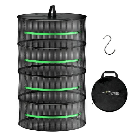 iPower - Rejilla de secado plegable de 4 capas y 60 cm para hierbas, con cremalleras, aro resistente para plantas hidropónicas, incluye bolsa de almacenamiento y gancho.