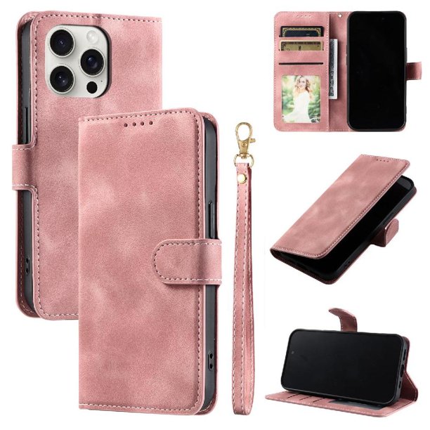 Funda Cartera para iPhone 14 Pro Tapa con Ranuras, Soporte y Correa Rosa