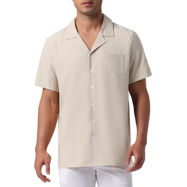 INSPIRE CHIC Camisas de Lino para Hombre Cuello Campamento Manga Corta Botón Abajo Camisas de Playa de Verano M Caqui