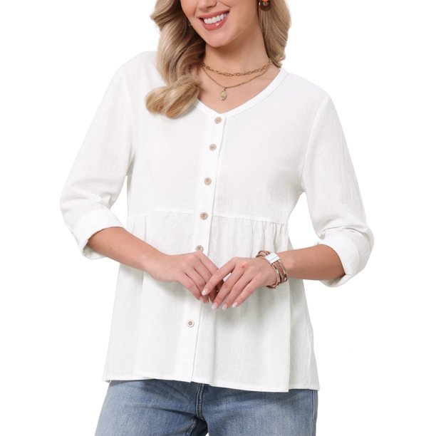 INSPIRE CHIC Blusa Boho con Botones para Mujer de Manga Larga Cuello en V Ligera Elegante Casual Talla S Blanca