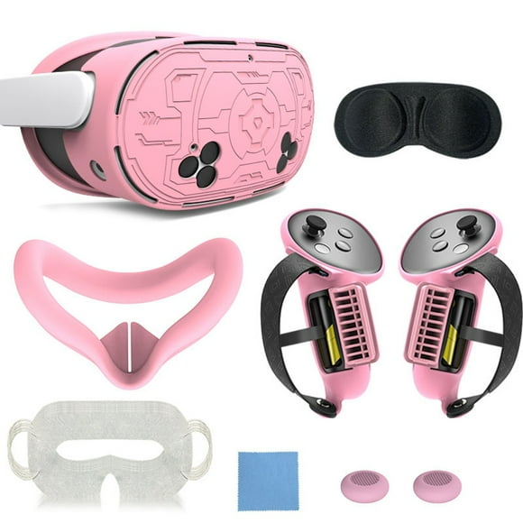 Kit de accesorios 7 en 1 para el casco de realidad virtual Meta Quest 3: empuñaduras para el mando, correa de mano, funda facial de silicona y juego de protectores de lente.-Rosa