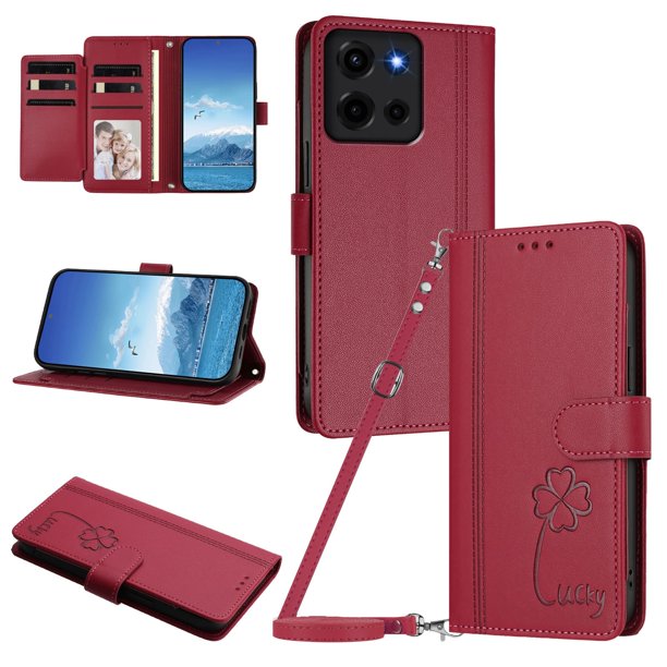 Funda Cartera Trébol para Motorola Moto G 2026 5G con Ranuras Tarjetas y Carga Inalámbrica Rojo