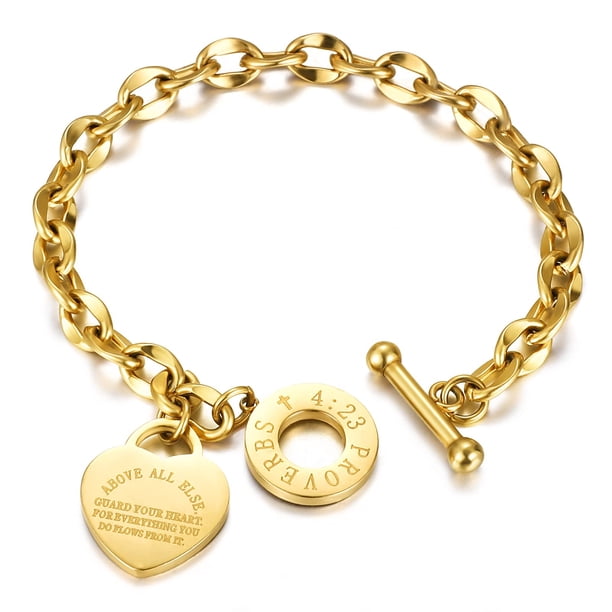 Pulsera de eslabones grabados de acero inoxidable con hebilla OT para mujeres y niñas