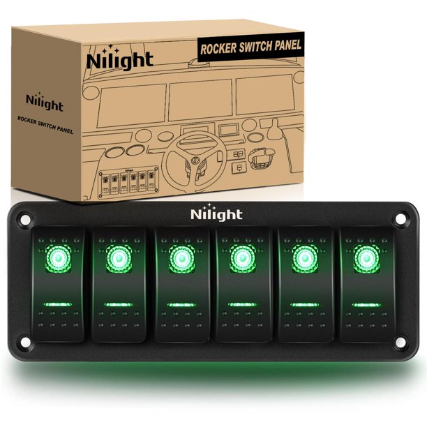 Panel de interruptores basculantes Nilight de 6 posiciones, 12V/24V, LED verde, 18 x 7 x 7 cm