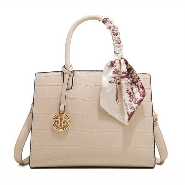 Elegant Crocodile Pattern Tote Bag, Scarf Decor Top Handle Satchel, Women's Fashion Handbag, Shoulder Bag & Crossbody Purse