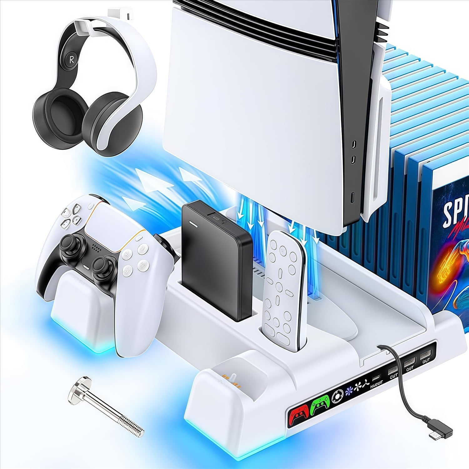 Soporte De Enfriamiento Aaronmei Ps5 Pro Con Estación De Carga Y Controlador Led Blanco