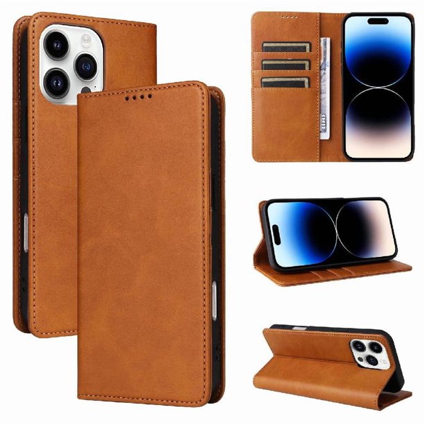 Funda Cartera para iPhone 14 Pro con Ranuras Tarjetas y Soporte - Protección Completa Marrón