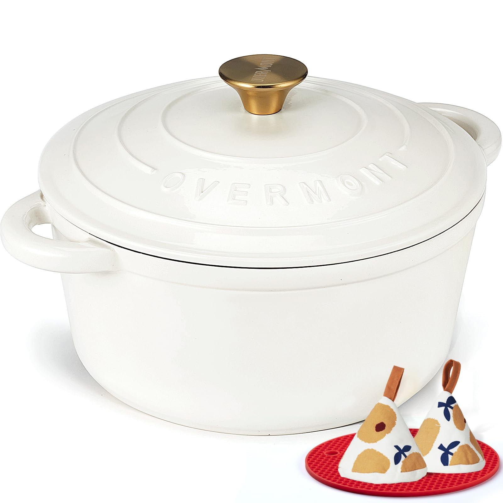 Horno Holandés Overmont De Hierro Fundido Esmaltado, 5,5 L, Con Tapa, Color Blanco Perla