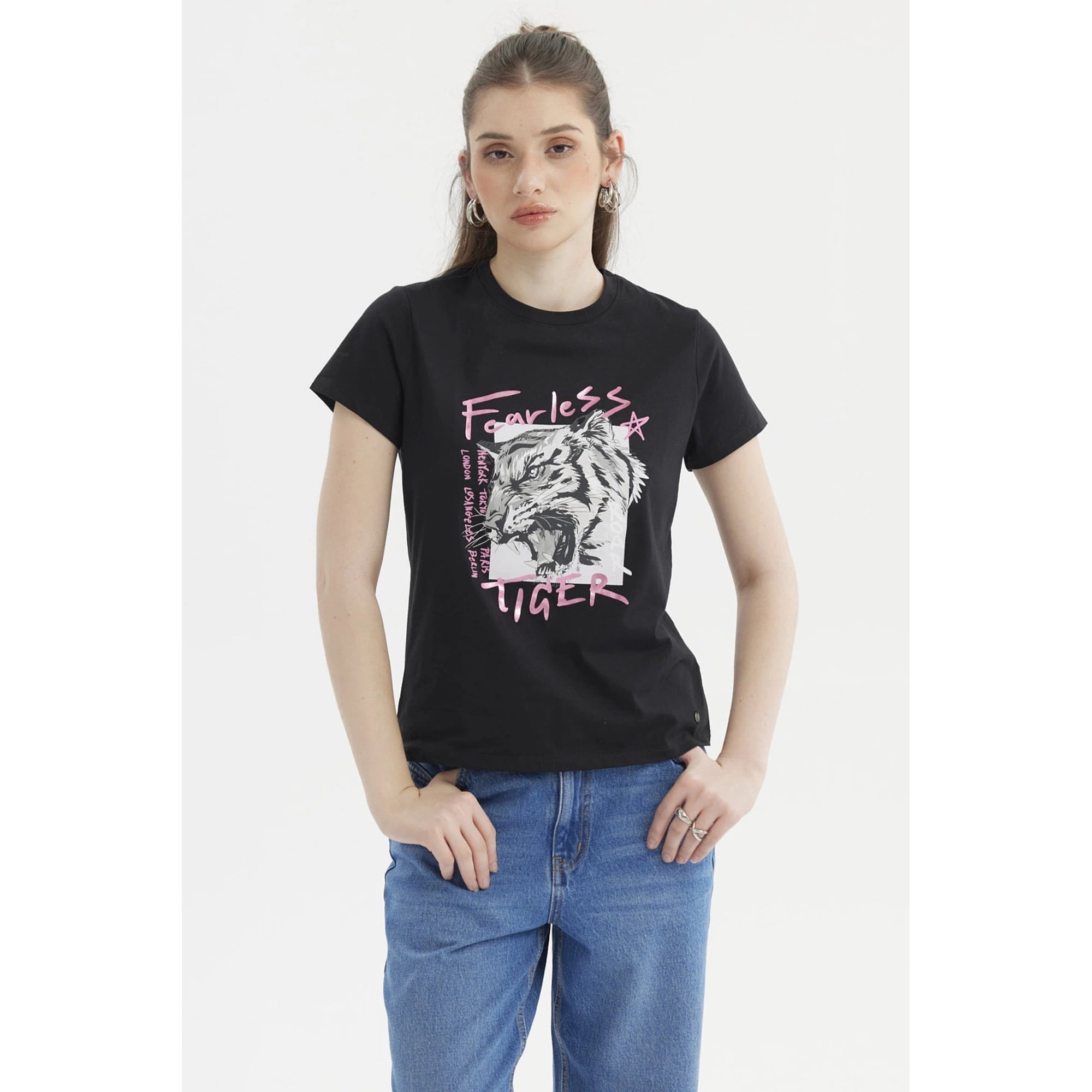 Fashionspark - Polera Mujer Básica Negro / Fucsia