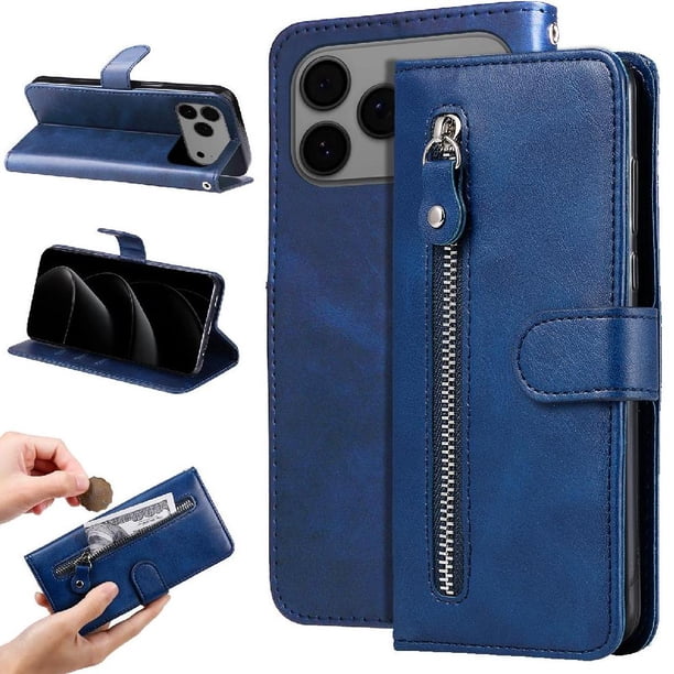 Funda tipo cartera para iPhone 17 Pro Max con bolsillo con cremallera y ranuras para tarjetas – Función de soporte Azul