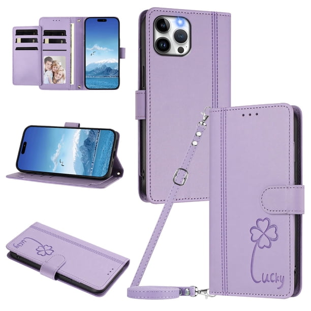 Funda Cartera Trébol para iPhone 12 Pro Max con Ranuras Tarjetas y Carga Inalámbrica Morado claro