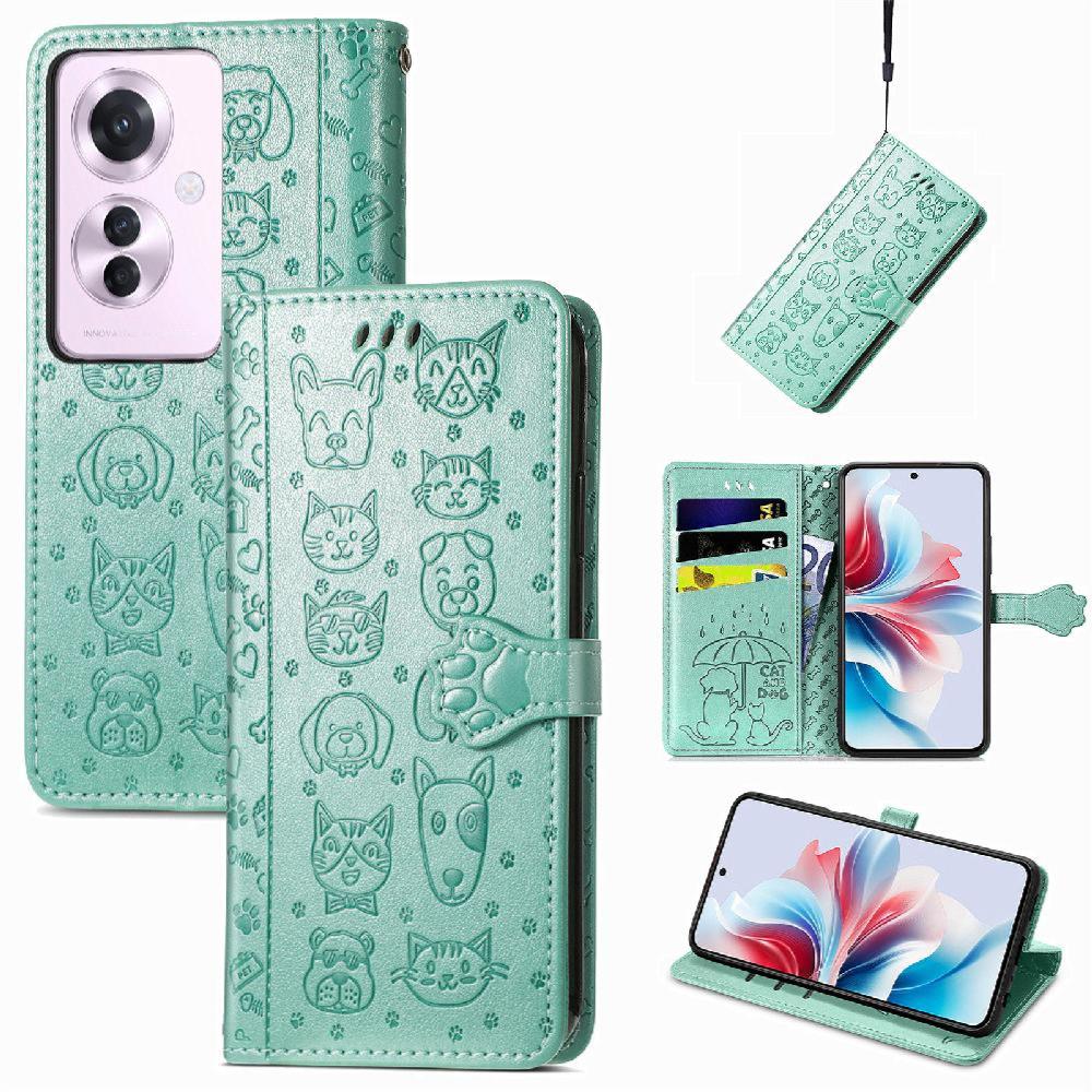 Funda Cartera Foxdock Para Oppo Reno 11F 5G , Flip Pu Con Relieve De Gatos Y Perros, Tarjetero Y Soporte