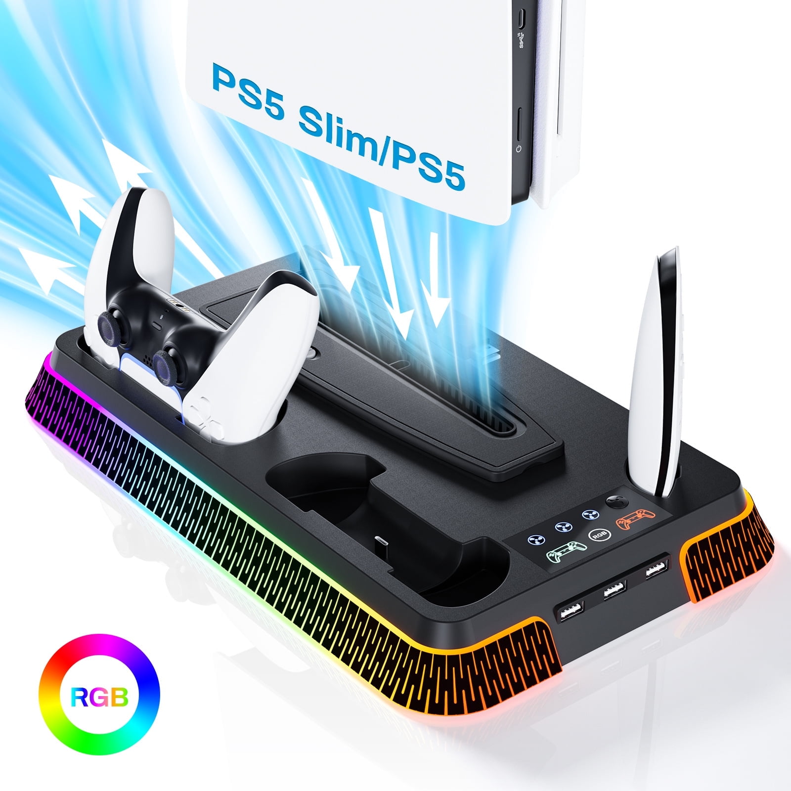 Estación De Enfriamiento Aaronmei Para Ps5 Slim Y Ps5 Con Base De Carga Para Dos Controles Negro Con Rgb