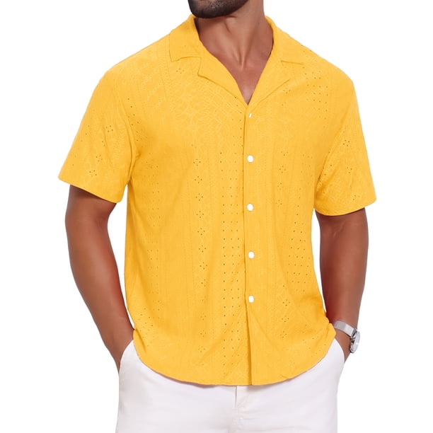 INSPIRE CHIC Camisa de Hombre con Cuello de Campamento, Botones Abajo, Manga Corta, Tejido Texturizado Hueco, Talla L, Amarillo